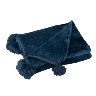 Plaid pompons en polyester bleu 173x126cm