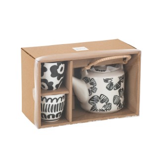 Théière avec tasses à motifs en céramique blanche 16x11.5x12 cm
