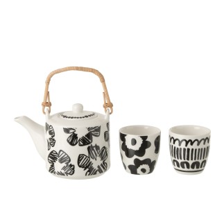 Théière avec tasses à motifs en céramique blanche 16x11.5x12 cm