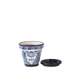 Vaso di fiori con piattino in ceramica blu scuro 27x27x25 cm