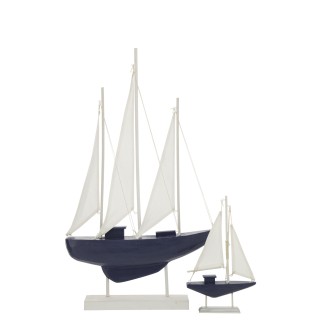 Barca a vela decorativa a 3 alberi in legno blu 42,5x8,2x79 cm