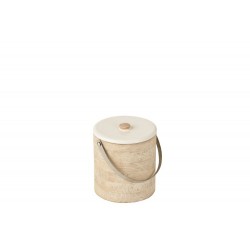 Seau avec anse et couvercle en bois de manguier blanc 18x18x19 cm