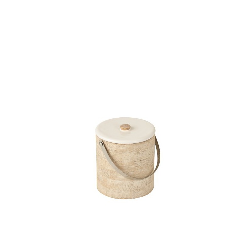 Seau avec anse et couvercle en bois de manguier blanc 18x18x19 cm