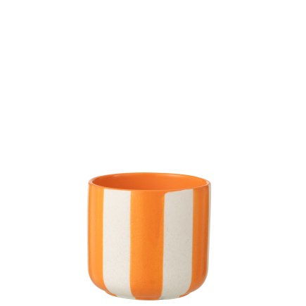 Cache-pot rayé en céramique orange et blanc 13x13x12.5 cm