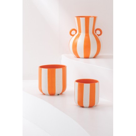 Cache-pot rayé en céramique orange et blanc 13x13x12.5 cm