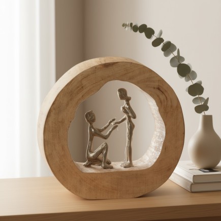Couple de personnages dans rond en bois de manguier naturel 28x6x27cm