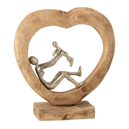 Femme avec enfant dans coeur en bois de manguier naturel 28x9x30cm