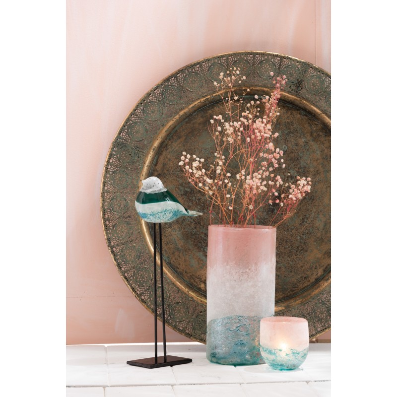 Photophore en verre de couleur rose et azur