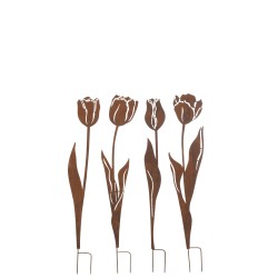 Lot de 4 décorations jardin en forme de fleur en métal marron 14x1x84 cm