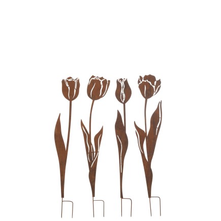 Lot de 4 décorations jardin en forme de fleur en métal marron 14x1x84 cm