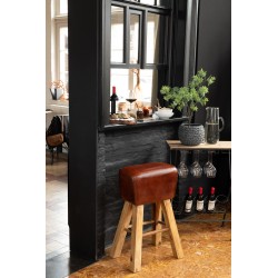 TABOURET DE GYM CUIR  /  BOIS MARRON NATUREL