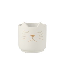 Cache-pot en ciment blanc et chat doré H16cm
