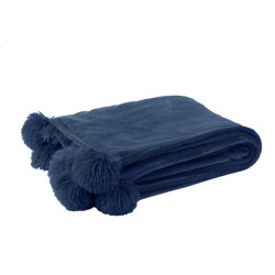 Plaid pompons en polyester bleu 173x126cm