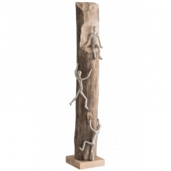 Statue 3 grimpeurs en aluminium argent et bois naturel 15x15x75 cm