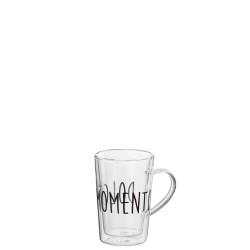 Tasse avec inscription noire en verre transparent H11cm