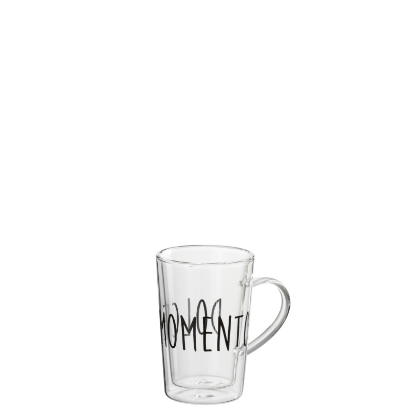 Tasse avec inscription noire en verre transparent H11cm