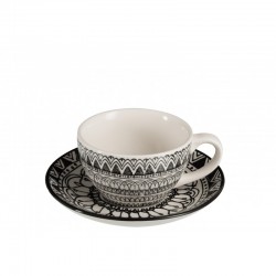 Taza de café con platillo de cerámica negra y blanca de 7.5 cm de altura