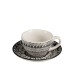 Taza de café con platillo de cerámica negra y blanca de 7.5 cm de altura