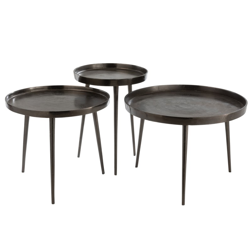 SET DE 3 TABLE GIGOGNE PLATEAU DROITE RONDE METAL GRIS FONCE