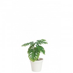 Philodendron artificiel dans pot blanc en plastique vert 12.5x12.5x27.5 cm