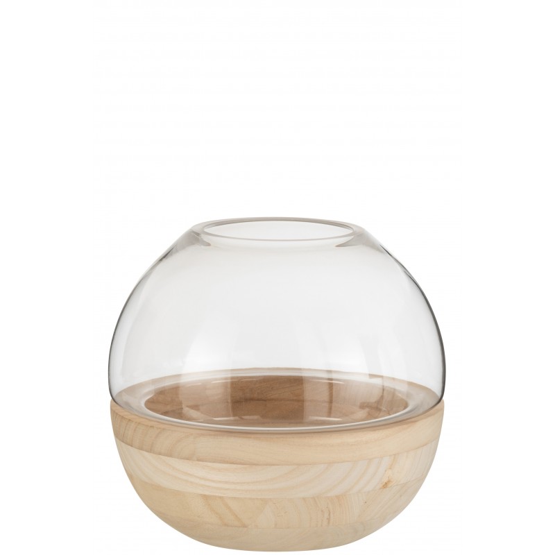 Jarrón redondo en base de madera con vidrio natural de 25x25x22.5 cm