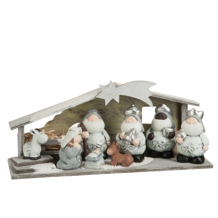 CRECHE DE NOEL BOIS/RESINE GRIS LARGE