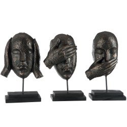 Set de 3 visages de la sagesse en résine marron 14x8x28 cm