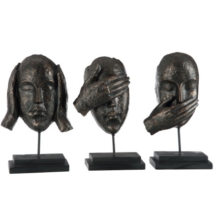 Set de 3 visages de la sagesse en résine marron 14x8x28 cm