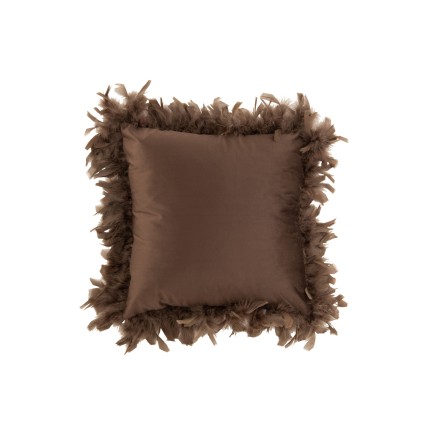 Coussin carré avec bords plumes en polyester marron 45x45cm