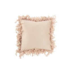 Coussin carré avec bords plumes en polyester rose poudré 45x45cm