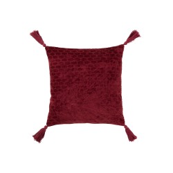 Coussin carré avec motifs et floches en coton rouge foncé 45x45cm