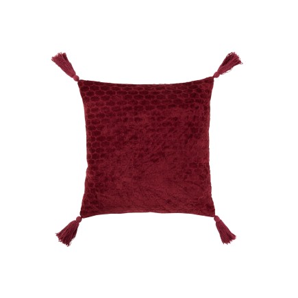 Cuscino quadrato con motivi e fiocchi in cotone rosso scuro 45x45cm