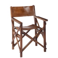 Silla de director en cuero y madera marrón 53x56x88cm
