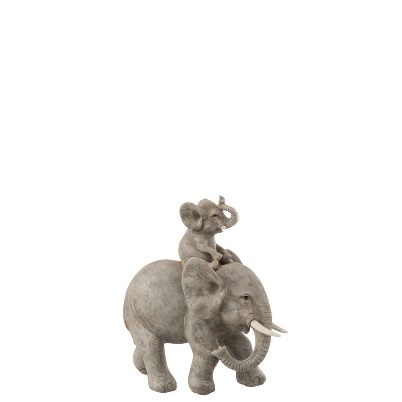 Figurine éléphant avec bébé sur le dos en résine gris 18x17x8 cm