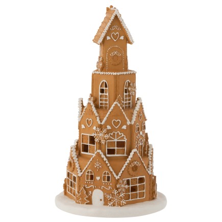 Casa torre de pan de jengibre con luz LED de resina marrón 26x26x47cm