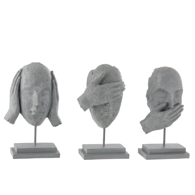 Lot de 3 têtes sur socle en résine grise 16x11x29cm