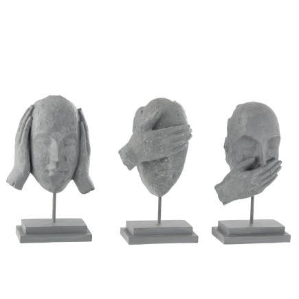 Lot de 3 têtes sur socle en résine grise 16x11x29cm