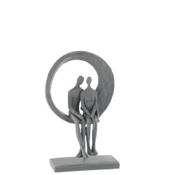 Figurine abstraite couple assis dans cercle en résine gris 18x11x30 cm