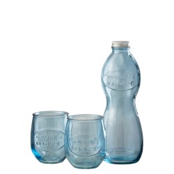 Coffret 1 bouteille et 2 verres en verre bleu 10x10x26 cm