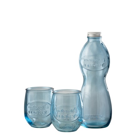 Estuche 1 botella y 2 vasos de vidrio azul 10x10x26 cm