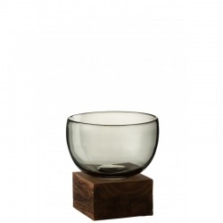 Vase en verre gris sur pied avec socle en bois 21x16x16 cm
