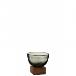 Vase en verre gris sur pied avec socle en bois 11x12x12 cm