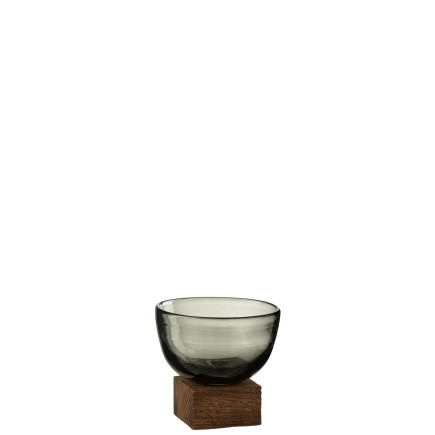 Vase en verre gris sur pied avec socle en bois 11x12x12 cm