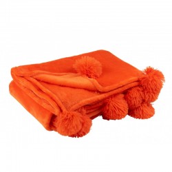 Plaid avec pompon en polyester orange 170x130cm