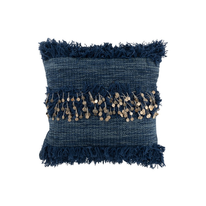 Coussin carré avec lignes de miroirs et franges en coton bleu 45x45cm Coussin carré avec lignes de miroirs et franges en coton bleu 45x45cm