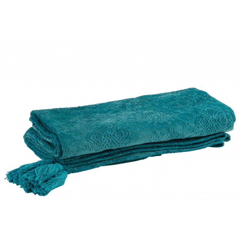 Plaid avec coin floches en coton turquoise 181x128cm
