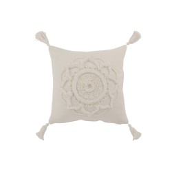 Coussin carré avec motif fleur et floches en coton blanc 45x45cm