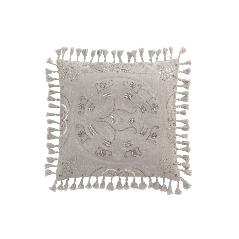 Coussin carré style marocain avec floches en velours gris 45x45cm Coussin carré style marocain avec floches en velours gris 45x45cm
