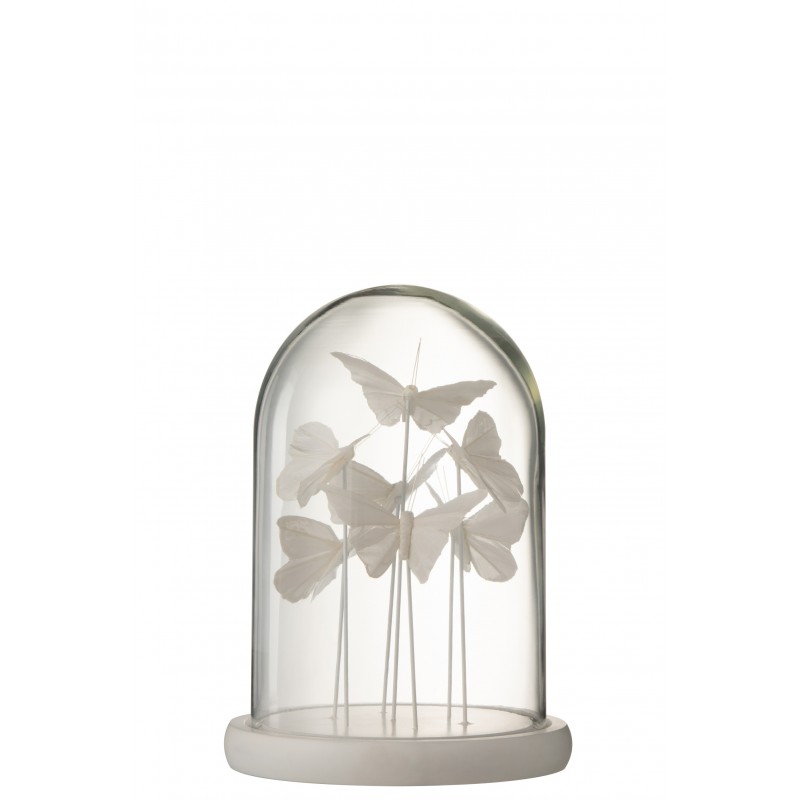 Papillon sous cloche en verre blanc 26x18x18 cm