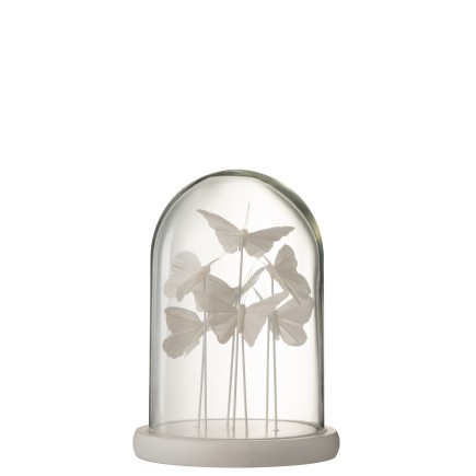 Papillon sous cloche en verre blanc 26x18x18 cm